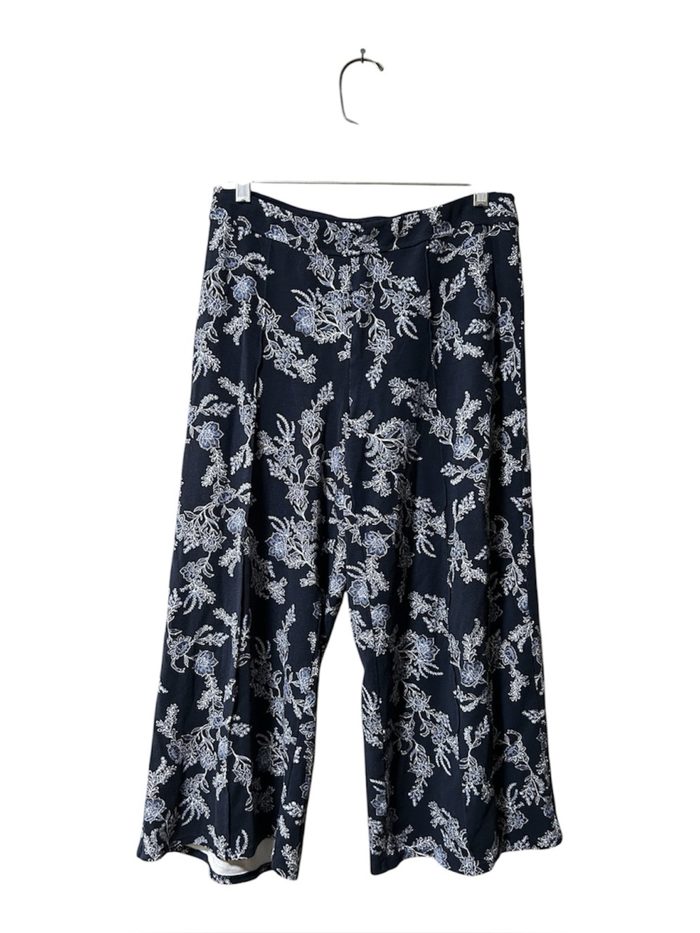 J Jill Crop Pants Womens Sz S Navy Floral Pull On Wide Leg High Rise Knit Capri
